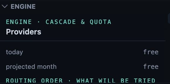 The Engine section showing cascade and quota: today and projected month both reading free, above the routing order — what will be tried.