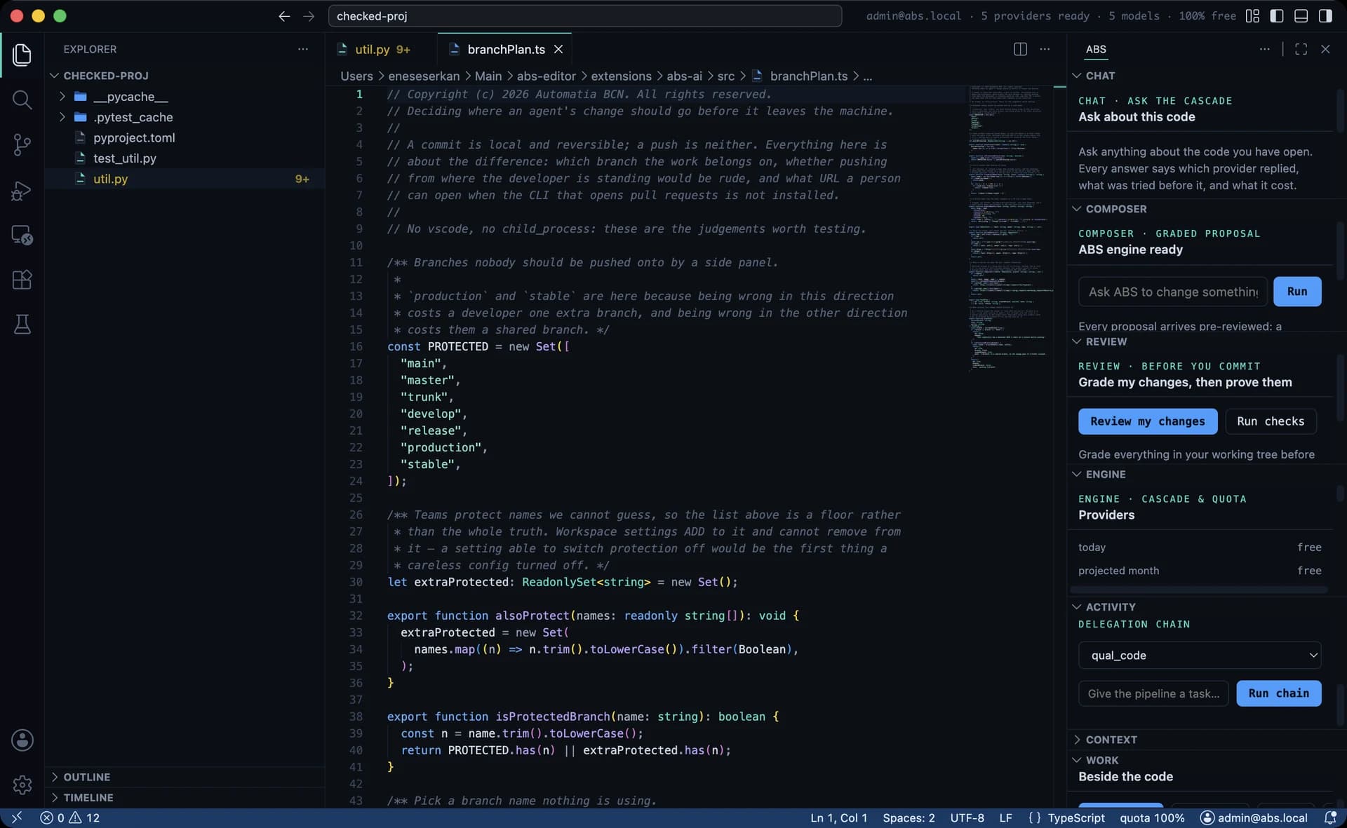ABS Studio with its own source open — the branch-protection list naming main, master, trunk, develop, release, production and stable — and the ABS panel on the right showing Chat, Composer, Review, Engine and Activity. The title bar reads five providers ready, five models, one hundred per cent free.