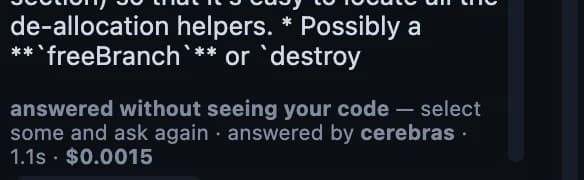 An answer in the Chat panel followed by the line: answered without seeing your code — select some and ask again · answered by cerebras · 1.1s · $0.0015.