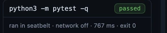 A check result card: the command python3 -m pytest -q with a green passed badge, and beneath it the line ran in seatbelt, network off, 767 milliseconds, exit 0.