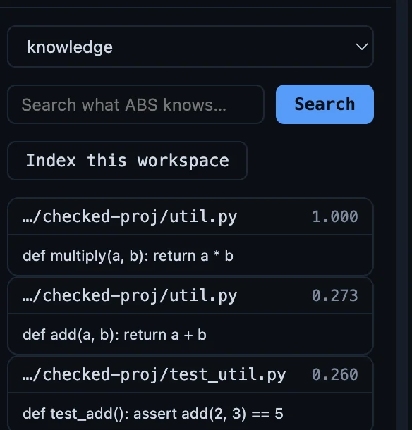 The Context section: a knowledge search for multiply function returning three hits with scores 1.000, 0.273 and 0.260, each showing its file and the matching line of code.